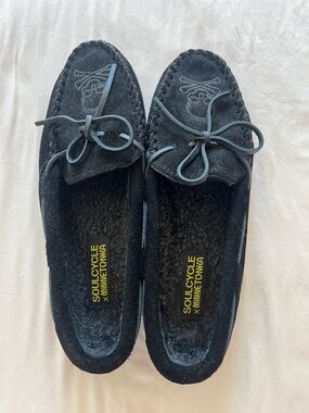Minnetonka Black Suede Moccasin Slippers with Bow